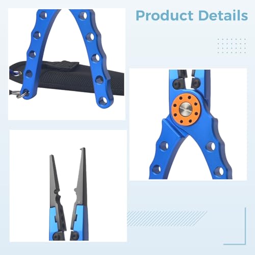 7.9 in Aluminum Fishing Pliers with Stainless Steel Cutters, Sawtooth Jaws, Lanyard and Sheath, Classic Blue