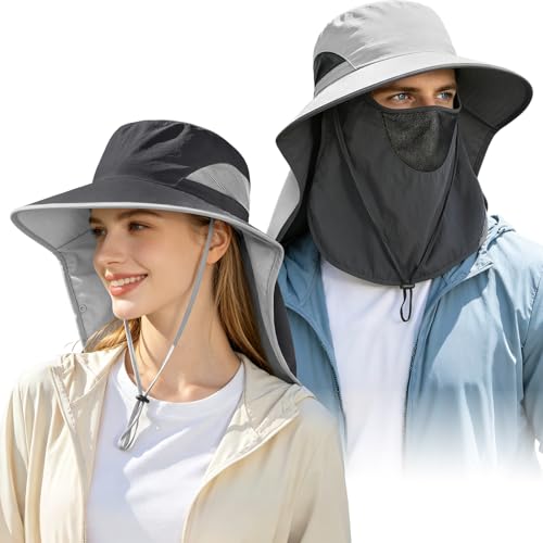 2 Pack Women Men Outdoor Wide Brim Sun Hat with Neck Face Flap,UPF 50+ Protection Fishing Garden Work Hat with Ponytail Hole - color: Dark Grey ＆ Light Grey