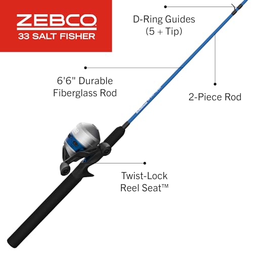Zebco Salt Fisher 33 Spincast Reel and Fishing Rod Combo, 6-Foot 6-Inch 2-Piece Medium-Heavy Power, Moderate-Fast Action Fiberglass Rod, Interchangeable Retrieve, 12-Pound Line, Blue/Silver
