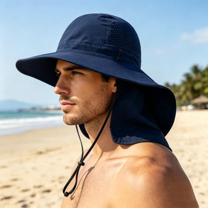 2Pack Sun Hat for Men Women with Neck Flap | UPF 50+ Wide Brim and Ponytail Hole Hiking Fishing Bucket Hat - color: 2pcs-navy&green