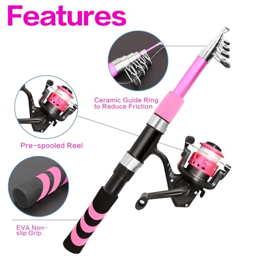 Collapsible Telescopic Fishing Rod and Reel Combo Push Button Small Fishing Pole Kit Beginner Youth Boys Fishing Starter Set Tackle - color: Pink+blue, size: 5.9FT