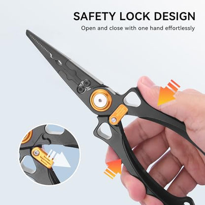 Fishing Pliers Hook Remover, Saltwater Split Ring Pliers with Safety Lock, Fishing Gear with Sheath and Lanyard, Fishing Gifts for Men - color: Black