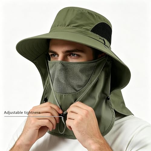 Sun Hat for Men and Women, UPF 50+ UV Protection, Wide Brim Breathable, Fish Hat with Neck Flap and Breathable Face Mask - color: Military Green