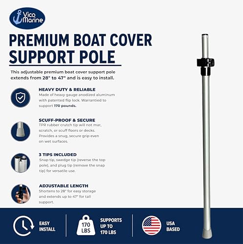 Boat Cover Support Pole - Aluminum - Rubber Crutch Tip - Patented Flip-Lock -Supports 170 pounds - Prevents Water Pooling - Easy Install.