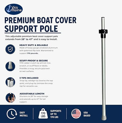 Boat Cover Support Pole - Aluminum - Rubber Crutch Tip - Patented Flip-Lock -Supports 170 pounds - Prevents Water Pooling - Easy Install.