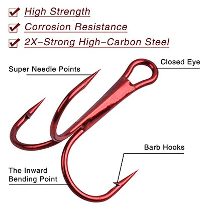 Fishing Treble Hooks Triple Fishing Hooks High Carbon Steel Barbed Sharp Round Bend Treble Hooks Replacement for Hard Lures Bait - color: Red, size: 10#-50pcs