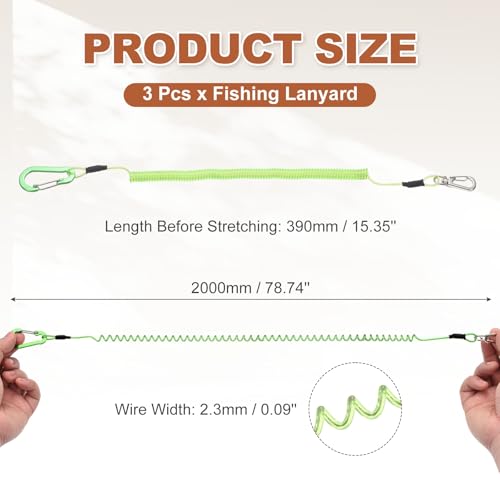 PATIKIL Fishing Lanyard, (78.74" Length, Green) (3Pcs), Retractable Coiled Tether Anti-Lost Rope Coiled with Carabiners and 360° Safety Buckle, Suit for - Fishing/Hunting/Hiking/Boating - color: Green, size: 78.74"