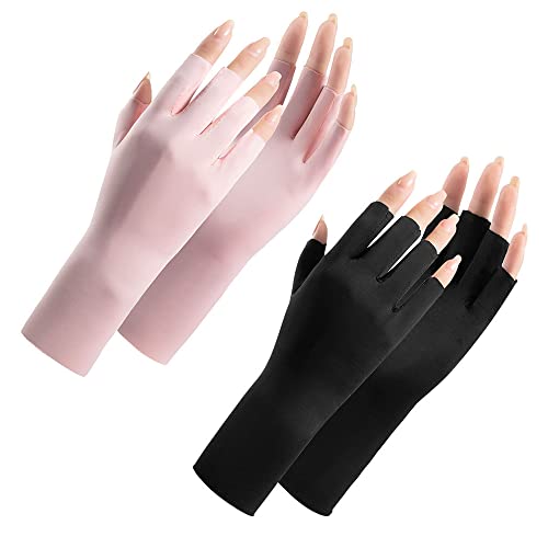Women Fingerless Gloves Summer UV Protection Gloves Cool Ice Silky Sun Block Driving Unisex - color: Pink+black