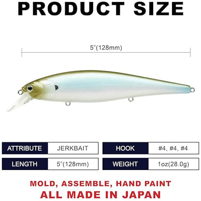 LUCKY CRAFT Pointer 128SP, Freshwater Lake Bass Fishing Lure, Jerkbait, Suspending, Fishing Gear, Fishing Accessories, Fishing Tackle - color: 138 Pearl Ghost Minnow