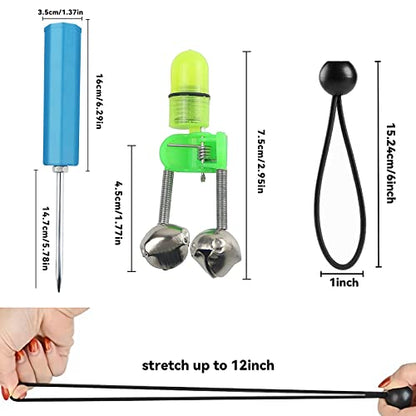 6pack Fishing Rod Holder Ground Support with Bite Alarm Bells, Bungee Cords | Fishing Pole Holder for Bank Beach River Lake Spikes Stand Rack, Night Fishing Gear, Reinforced PVC