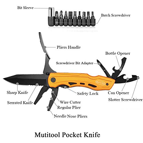 RoverTac 15-in-1 Pocket Multitool Knife - Folding Knife with Pliers, Bottle & Can Opener, Phillips Screwdriver + 9 Bits, Nylon Sheath - EDC Multi Tool for Camping, Hiking & DIY - Gifts for Men & Dad - style: Multi-Knife Pliers Golden