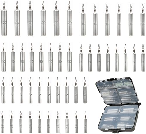 48Pcs Drop Shot Weights Set, Slim Pencil Style | Lead Fishing Weights Sinkers Kit, Dropshot Rigging, 6 Sizes Assorted, Includes Barrel Swivel and Rig Beads