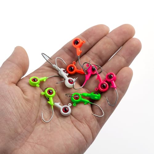 Alwonder 50-Pack Crappie Jigs Ice Fishing jig Heads Hooks with 3D Eyes, Eye-Catching Vivid Crappie Panfish Lures Bass Trout Fishing Jig Head, 1/32oz 1/16oz 1/8oz Jigs Heads Freshwater - size: 1/32oz