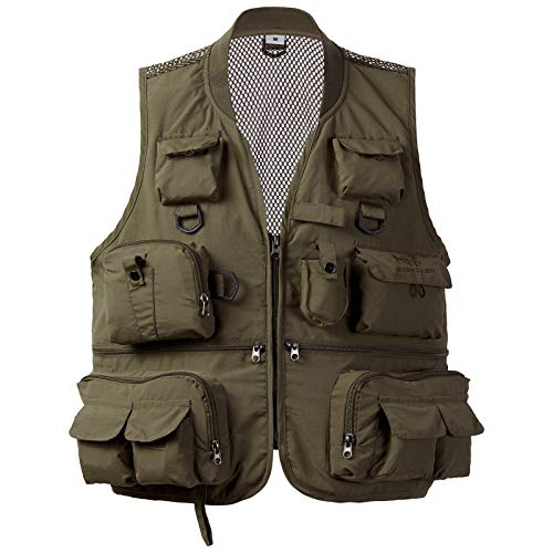 BASSDASH Versatile Men's Women's Fishing Photography Vest with Mesh Back 6 Sizes - color: Army Green, size: Large