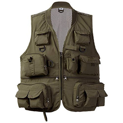 BASSDASH Versatile Men's Women's Fishing Photography Vest with Mesh Back 6 Sizes - color: Army Green, size: Large