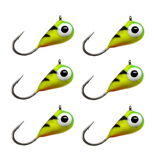 Reaction Tackle Tungsten Ice Fishing Jigs, Tear Drop Jig Heads that Glow with UV Light for Panfish, Crappie, Walleye, Perch, Trout and Bluegill - color: Fire Tiger Glow 6-pcs, size: 4 mm