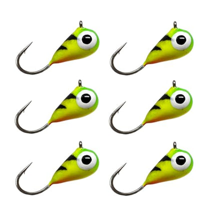 Reaction Tackle Tungsten Ice Fishing Jigs, Tear Drop Jig Heads that Glow with UV Light for Panfish, Crappie, Walleye, Perch, Trout and Bluegill - color: Fire Tiger Glow 6-pcs, size: 4 mm