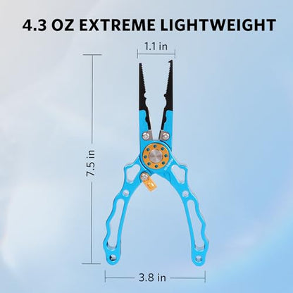 Fishing Pliers Saltwater, Split Ring Pliers Hook Remover with Safety Lock, Fishing Tools with Sheath and Lanyard, Fishing Gifts for Men - color: Blue