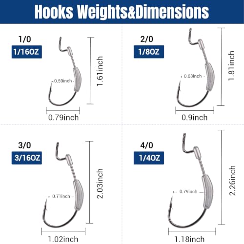 20Pcs Weighted Bass Fishing Hooks Set, Customized Swimbait Hooks Wide Gap Weedless Worm Fish Hook with Molded Bait Keeper 1/0 2/0 3/0 4/0 - size: Size Assorted