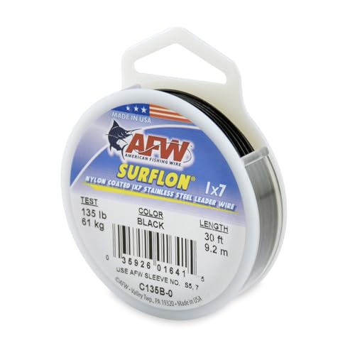 American Fishing Wire Surflon Nylon Coated 1x7 Stainless Steel Wire Leader - Wire Fishing Leader Line for Saltwater 10lb Up To 250lb Test in Bright, Black, Camo in 30ft, 100ft, 300ft, & 1000ft Lengths - color: Black, style: 30 Feet, 135 Pound Test