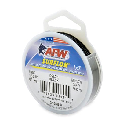 American Fishing Wire Surflon Nylon Coated 1x7 Stainless Steel Wire Leader - Wire Fishing Leader Line for Saltwater 10lb Up To 250lb Test in Bright, Black, Camo in 30ft, 100ft, 300ft, & 1000ft Lengths - color: Black, style: 30 Feet, 135 Pound Test