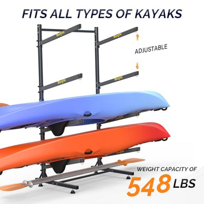 Bonnlo Kayak Storage Rack, Adjustable Heavy Duty Kayak Rack for Kayaks Paddle Boards, Kayak Paddle Holder for Garage, Spacesaver, Gentle on Padding, Boat Organizer - style: 4 Kayaks, Free Standing