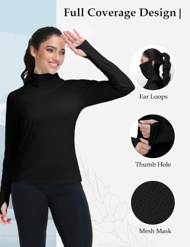 isnowood Women's Sun Protection Hoodie UPF 50+ Hiking Fishing Shirt, Long Sleeve UV Rash Guard with Face Mask Lightweight - color: Black, size: Medium