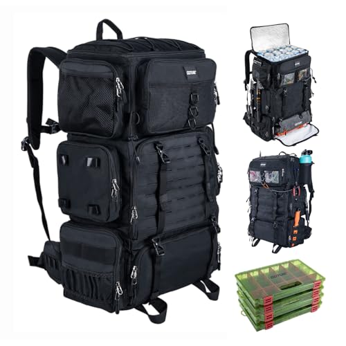 Goture Fishing Backpack with Cooler, 72L 600D Tackle Backpack Included 4 3700 Tackle Boxes, Dry & Wet Split Compartment, Large Fishing Tackle Bag with Rod Holders,Rain Cover for Travel Camping Hiking - color: Black (with 4 3700 Tackle Boxes)