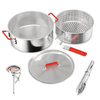 10QT Fish Fryer Pot with Basket, Lid & Tongs, Alumuinum Frying Pot | Deep Fryer Pot with Thermometer, For Fish, Chicken Wings & French Fries, Open Flame Only