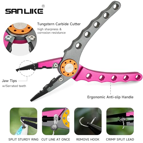 SANLIKE Aluminum Fishing Pliers Hook Remover Tungsten Carbide Braid Cutters | Tungsten Carbide Cutters Saltwater Resistant with Coiled Lanyard & Sheath - color: Pink