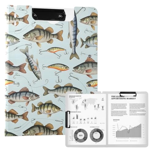 A4 Foldable Clipboard Folder with Double Clips Metal Clip, Pen Holder, 360 Degree Foldable Storage Clipboards Fish Hooks Lures Binder File Folder for Office,Nursing,Work,