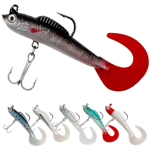 Soft Fishing Lures for Bass 6pcs Curly Tail Swimbaits Pre-Rigged Jig Head Baits with Tackle Box for Freshwater Saltwater Trout Crappie Walleye Realistic Action 3D Eyes Sharp Hooks Kit