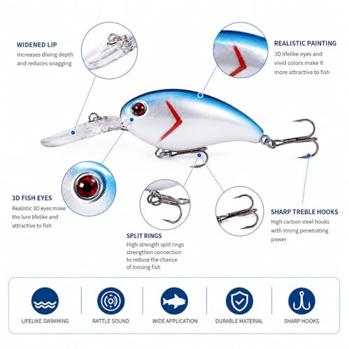 Crank Baits for Bass Fishing,17PCS Deep Diving CrankBaits with Storage Box | Realistic Crankbaits for Freshwater Fishing, Bass Lures for Trout Pike Walleye Lake River Fishing Gift