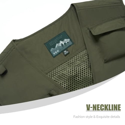 TOLOER Men's Summer Fishing Vest Multi Pockets Casual Vests Waterproof Quick Dry Outdoor Mountain Photography - color: Army Green-8898, size: Medium