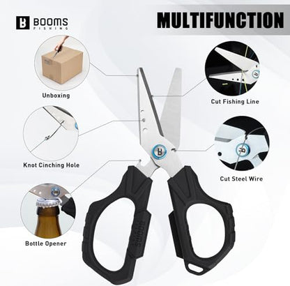 Booms Fishing Braided Line Cutter: 6.3in Multifunction Fishing Scissors with Retractor - Fishing Shears with Serrated Blades and Side Wire Cutter, S04 - style: Scissors with Retractor