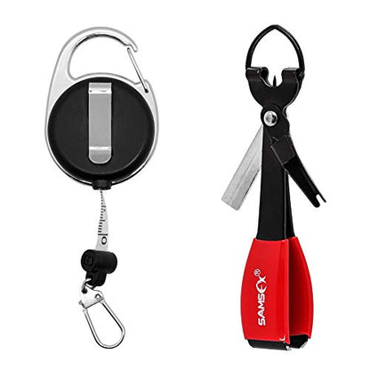 SAMSFX Fishing Zinger Retractors Retractable Tape Measure with Fly Fishing Knot Tying Tool Combo - color: Tape Measure Retractors & Black Nail Knot Tying Tool, Red Grip