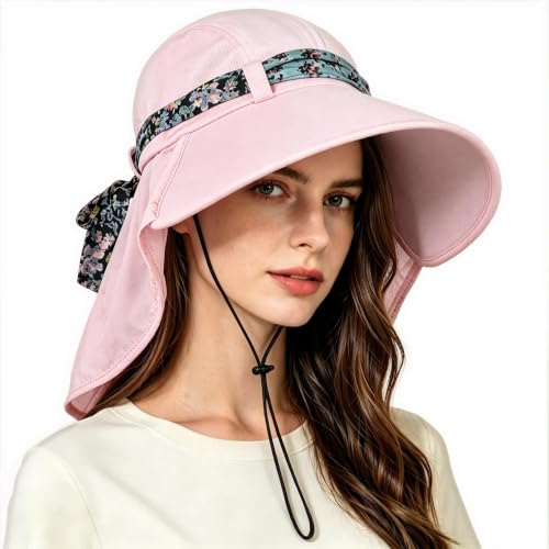 Solaris UPF 50+ Wide Brim Sun Hat for Women - Small Size Packable Lightweight, Floral Scarf Cooling Hat with Neck Flap - color: Pink-round