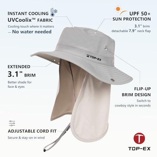Unisex UVCoolix™ Cooling Sun Hat with Detachable Neck Flap | UPF 50+ Protection, Wide Brim Bucket Hat for Hiking, Fishing & Big Heads - color: Grey, size: X-Large-XX-Large