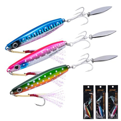 Goture Fishing Jigs, 40g 60g Vertical Jig Saltwater Freshwater, Jig Fishing Lures with Assist Hooks and Treble Hook, Jigging Spoon Lures for Tuna, Salmon,Striped Bass, Grouper Snapper,Kingfish - color: B1:3pcs Fishing Jigs, size: 2.12oz/60g
