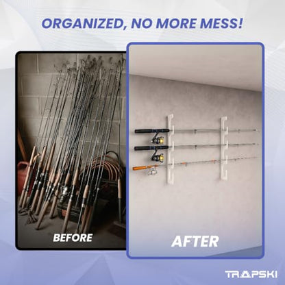 TRAPSKI Made in The USA Fishing Rod/Pole Holder Rack Organizers | Wall or Boat Mounting Fishing Rod Rack | Marine Grade HDPE Plastic | Pole Holder for up to 3 Rods | Stackable - color: H3 White