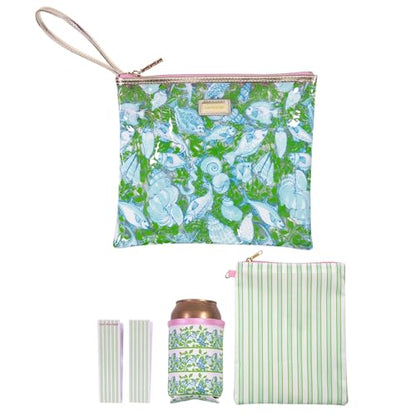 Lilly Pulitzer Water Resistant Vinyl Beach Day Pouch, Zipper Bag Includes Drink Hugger, Small Pouch, and Towel Clips - color: Throw Me a Line