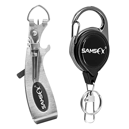 SAMSFX Fishing Knot Tying Tool Fly Fishing Line Clipper with Retractor, Accessories for Hook Sharpener, Quick Knot Tool and Hook Eye Cleaner - color: 6 in 1 Clipper & Carabiner Style Zinger Retractor