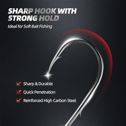 Offset Worm Hooks with Dual Barbs – High Carbon Steel Fishing Hooks for Soft Plastic Baits, Freshwater & Saltwater, 150 Count Bulk Pack with 6 Sizes & Mixed Assortment - size: 4#