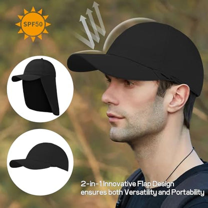 Mens XXL Sun Hats with Neck Flap UPF 50+ Waterproof Baseball Cap Adjustable Breathable Quick Dry Outdoor Fishing Hat - color: Blcak, size: X-Large-XX-Large