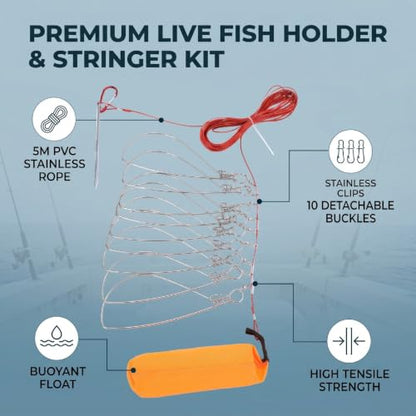 Fish Stringer High Strength Detachable Portable Live Fish Lock for Outdoor Fishing 10 Stainless Steel Hooks 5m Rope