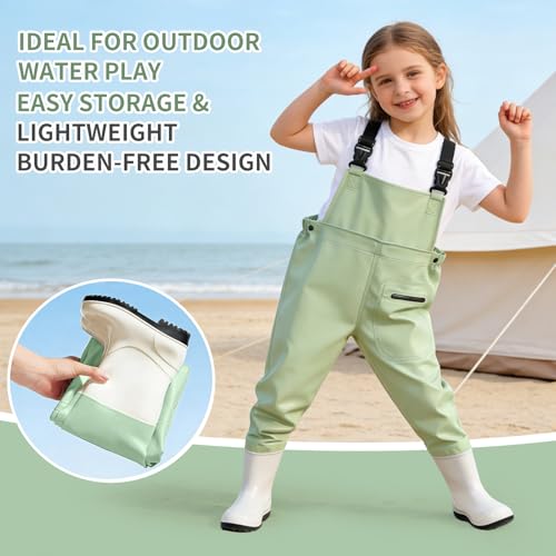 SooGree Kids Chest Wader with Non-Slip Boots,Youth Fishing Hunting Waterproof Waiters, Children Boys Girls Breathable Waders - color: Candy Green, size: Foot length：8.46"；Height：55.11"-59.05"