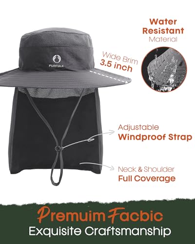 FURTALK Sun Hats for Men Women Fishing Hat with Neck Flap UPF 80+ Breathable Wide Brim Hiking Safari Summer Bucket Hats - color: Dark Grey
