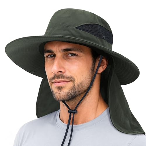 PFFY Sun Bucket Hats for Men Women Fishing Hat UV Protection Wide Brim Beach Safari Hat with Neck Flap - color: Green (With Neck Flap)