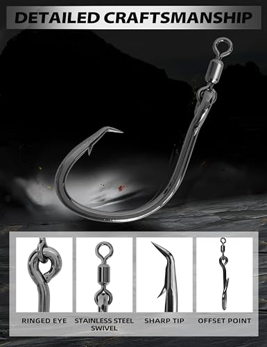 BLUEWING Wide Gap Offset Circle Hook with Big Game Stainless Steel Swivel, Live Bait, Ringed for Freshwater and Saltwater - size: 8/0 - 5pcs
