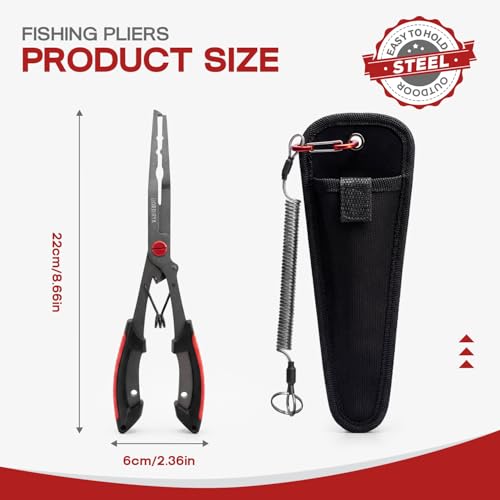 Fishing Pliers 8.4” Long Nose Multi-Function Fishing Tool – Stainless Steel Hook Remover, Line Cutter & Split Ring Opener with Safety Lanyard for Freshwater & Saltwater Fishing